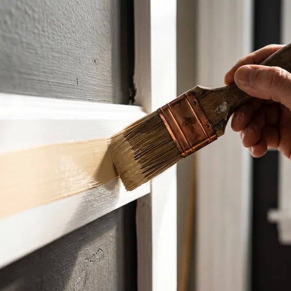 A sash brush laying a crisp line of cream paint along white door trim