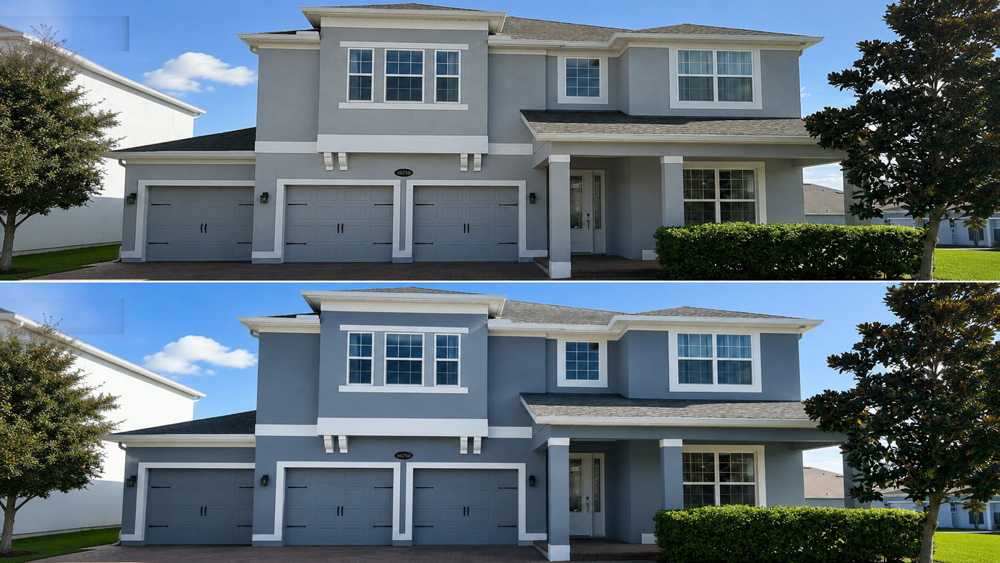 Before and after: full exterior repaint in Kissimmee, front view