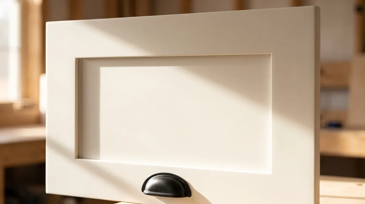 Close-up of a refinished shaker cabinet door with a smooth sprayed satin finish and matte black cup pull