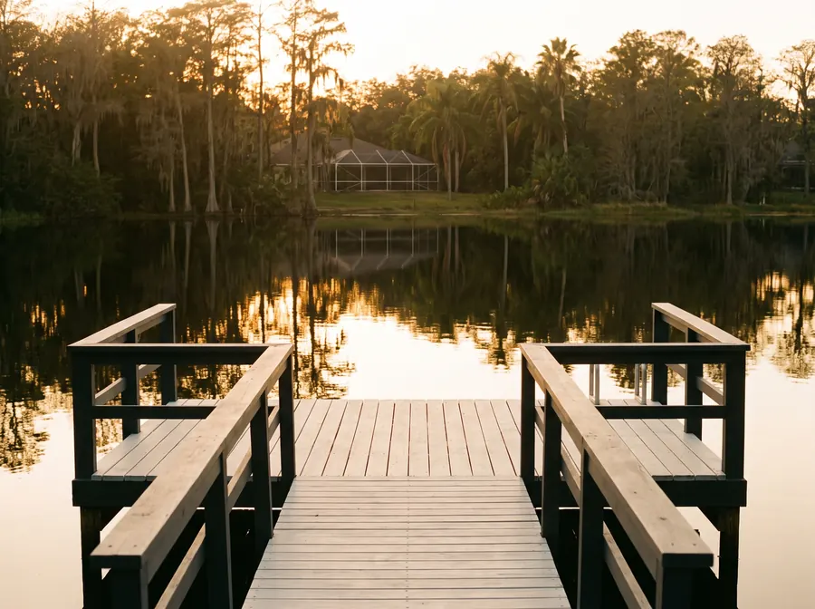 A freshly repainted wooden dock on a calm Central Florida lake at golden hour