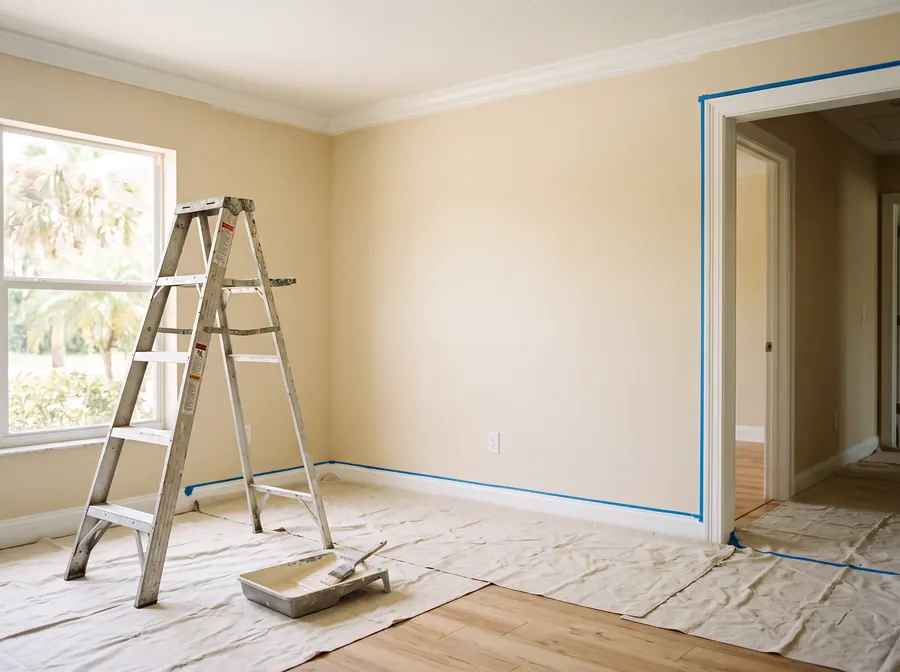 Interior painting underway: drop cloths, masked trim and a freshly cut-in line between wall and ceiling